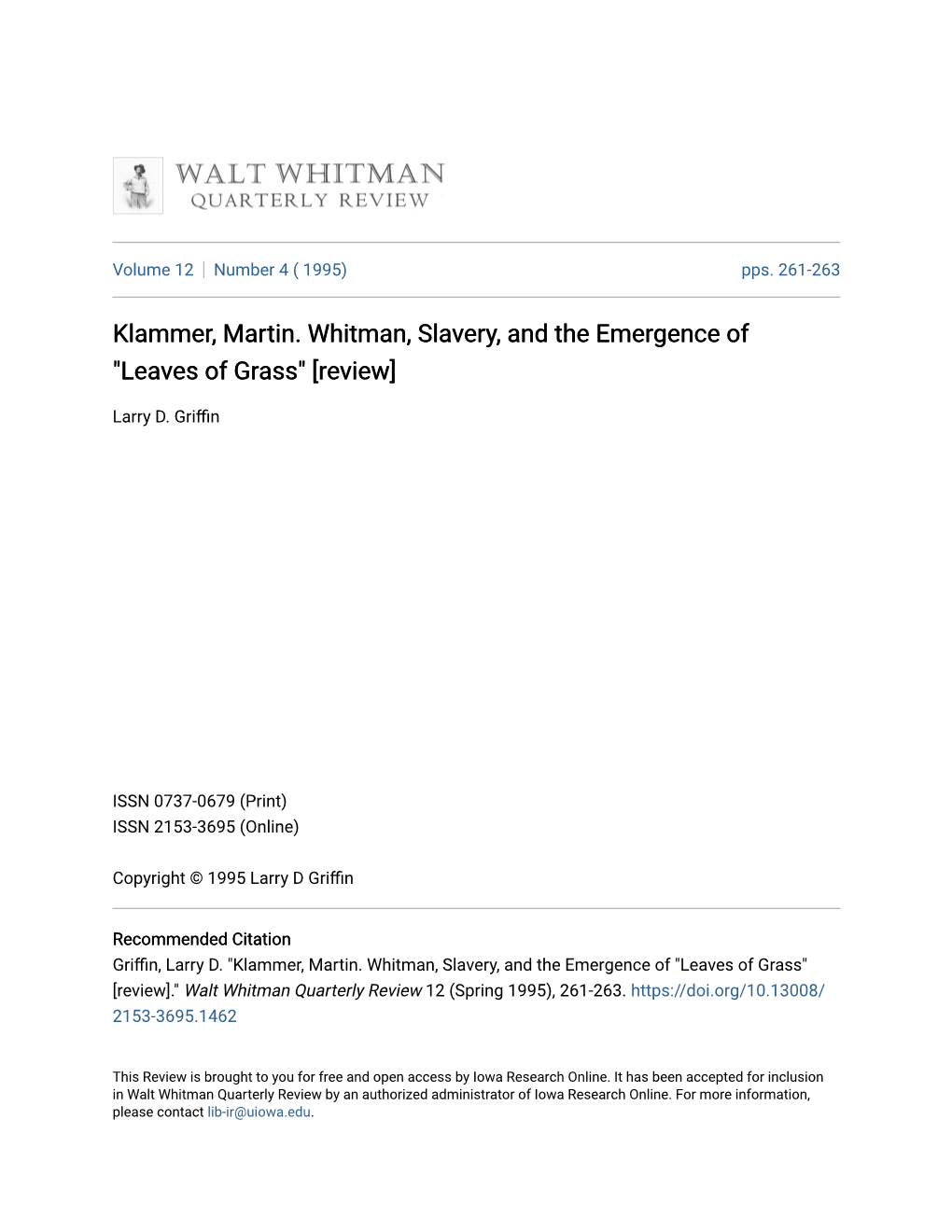 Klammer, Martin. Whitman, Slavery, and the Emergence of 