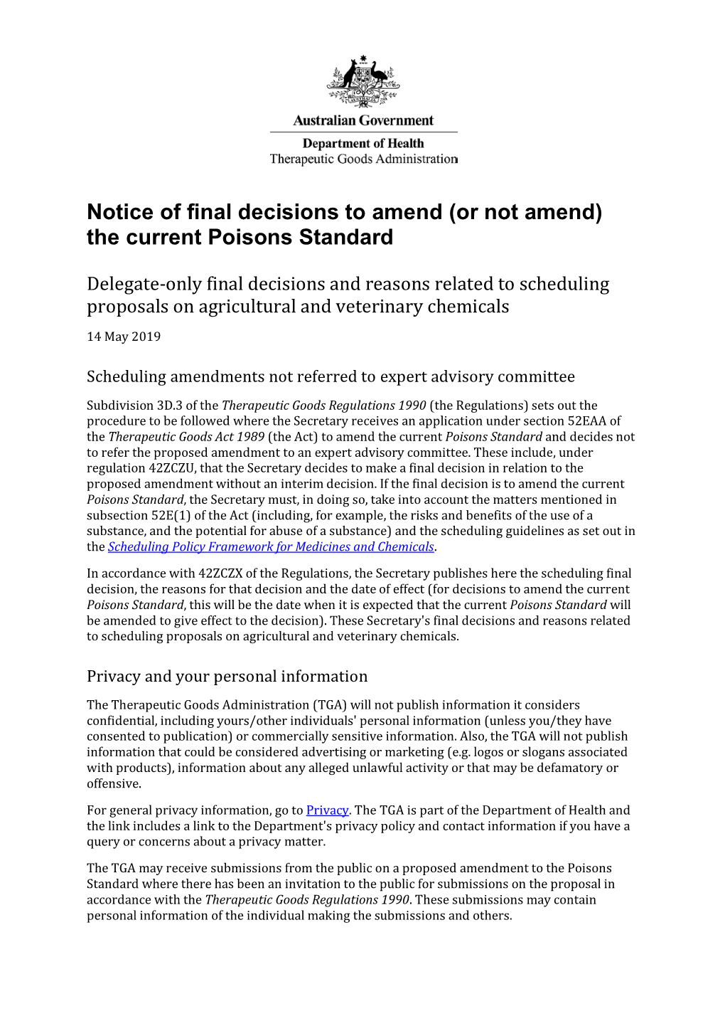 Delegate-Only Final Decisions and Reasons: Agricultural and Veterinary Chemicals