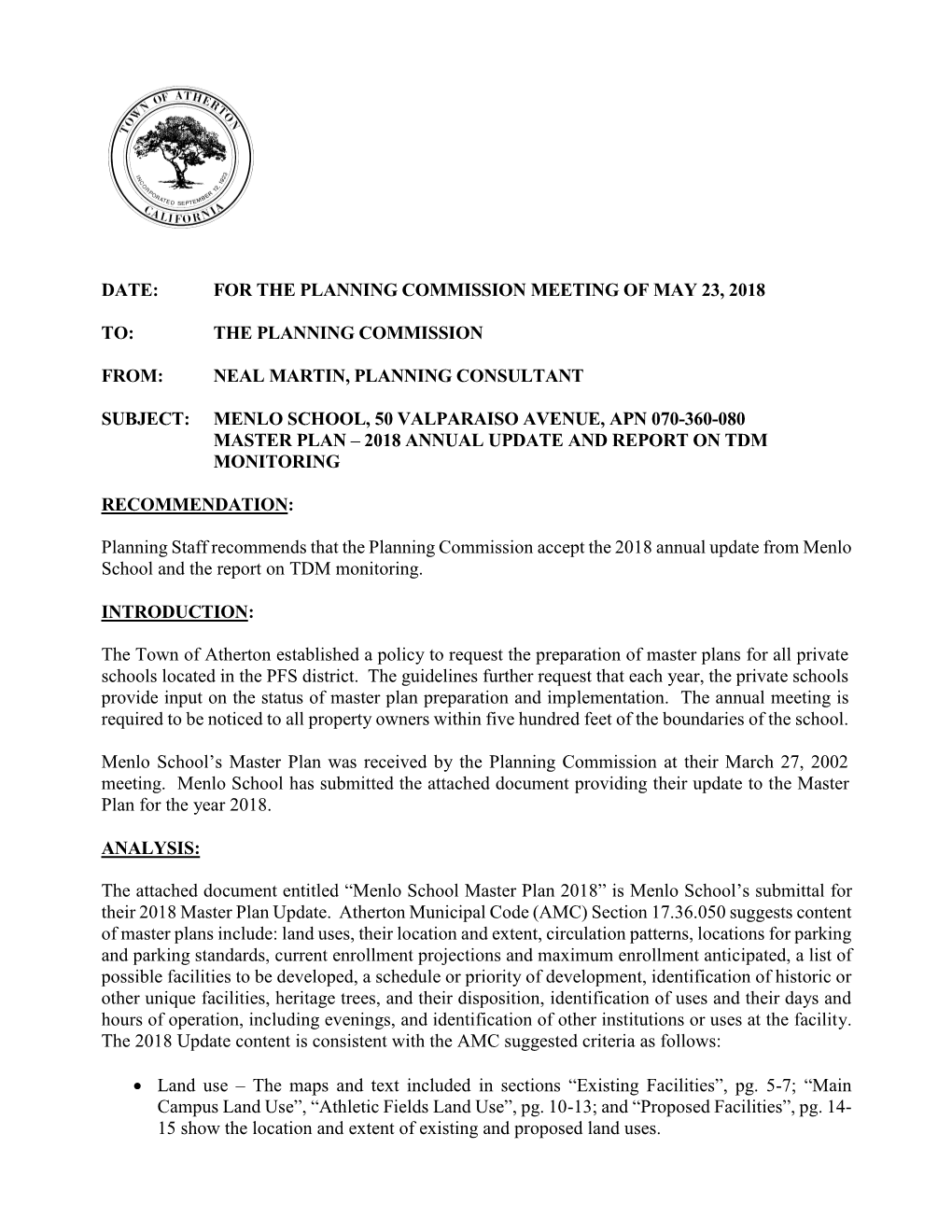Date: for the Planning Commission Meeting of May 23, 2018