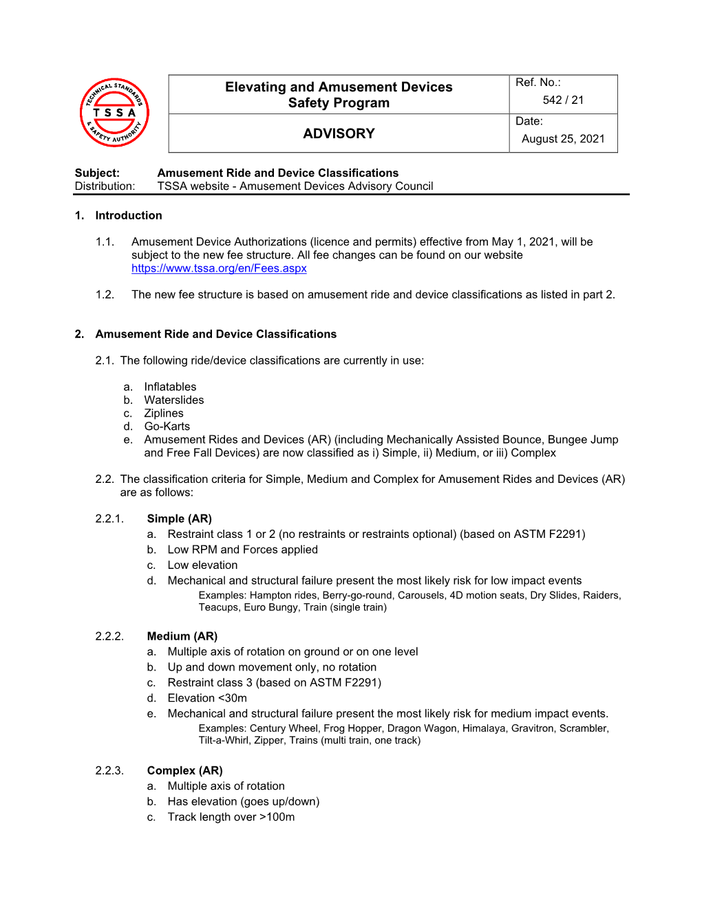 Elevating and Amusement Devices Safety Program ADVISORY