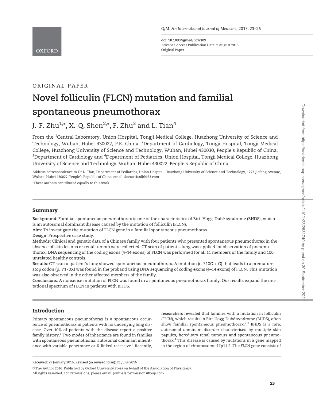 Novel Folliculin (FLCN) Mutation and Familial Spontaneous Pneumothorax