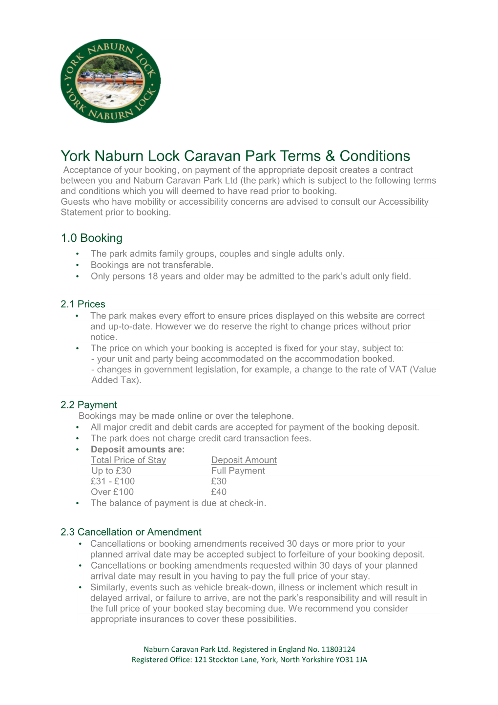 York Naburn Lock Caravan Park Terms & Conditions