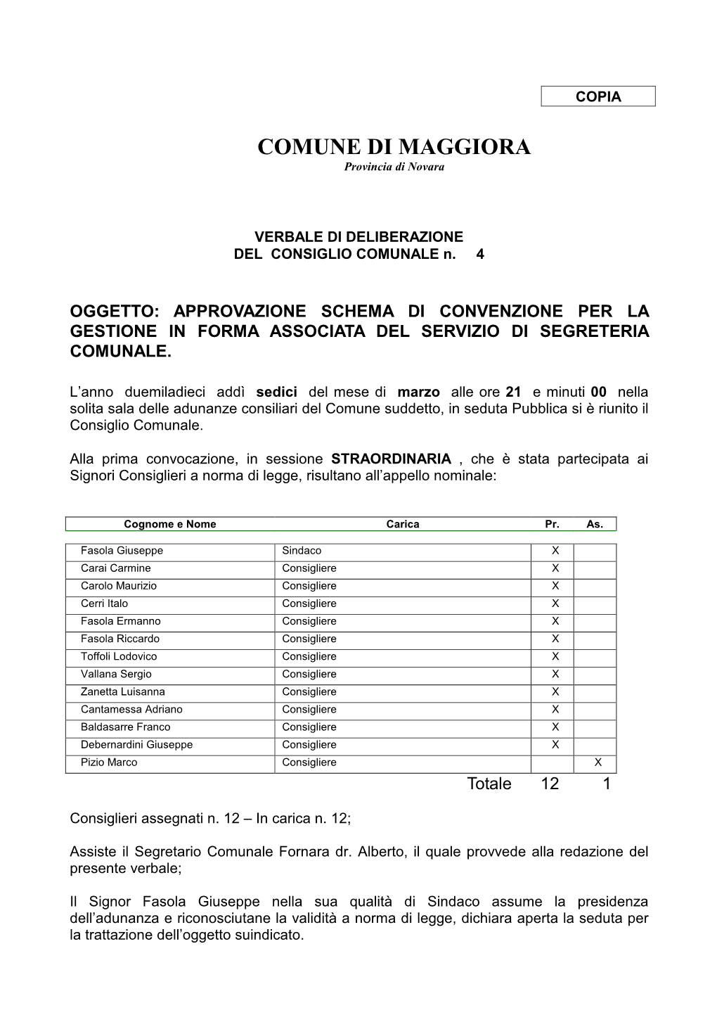 COMUNE DI MAGGIORA Provincia Di Novara