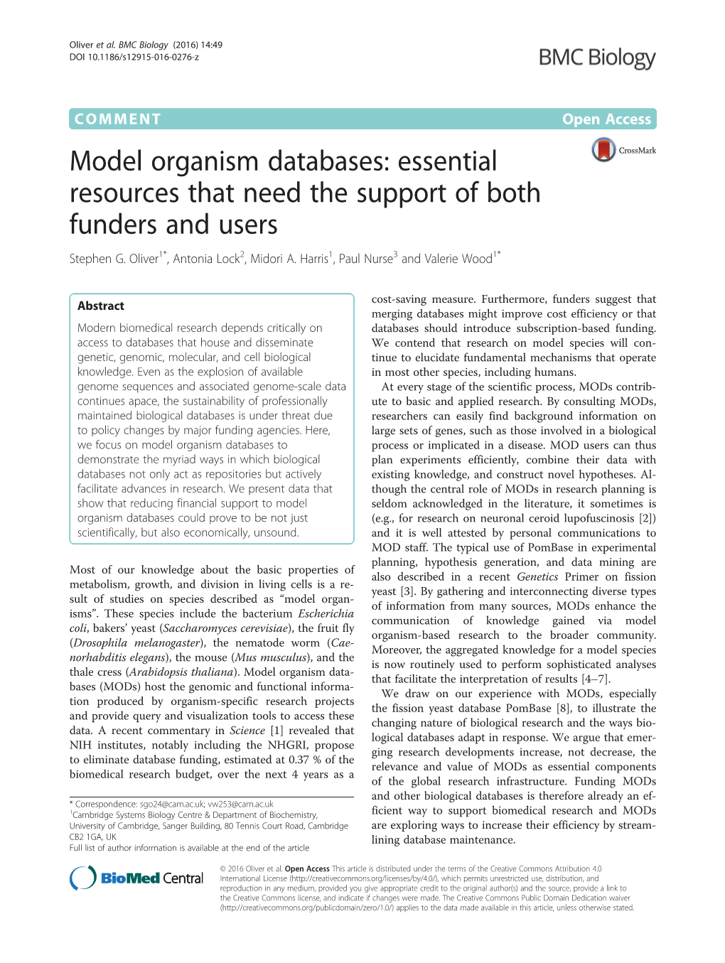 Model Organism Databases: Essential Resources That Need the Support of Both Funders and Users Stephen G