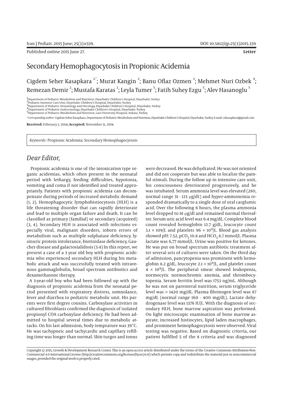 Secondary Hemophagocytosis in Propionic Acidemia