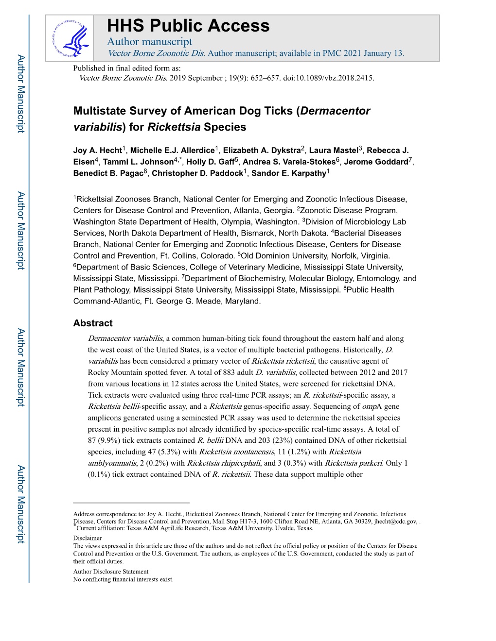 (Dermacentor Variabilis) for Rickettsia Species