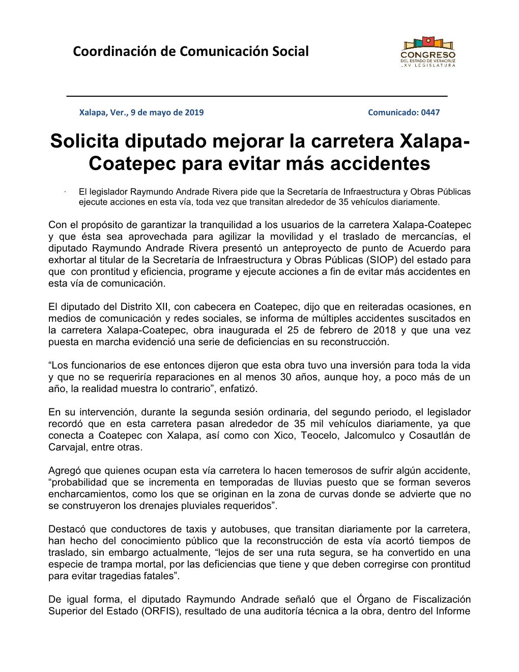 Solicita Diputado Mejorar La Carretera Xalapa- Coatepec Para Evitar Más Accidentes