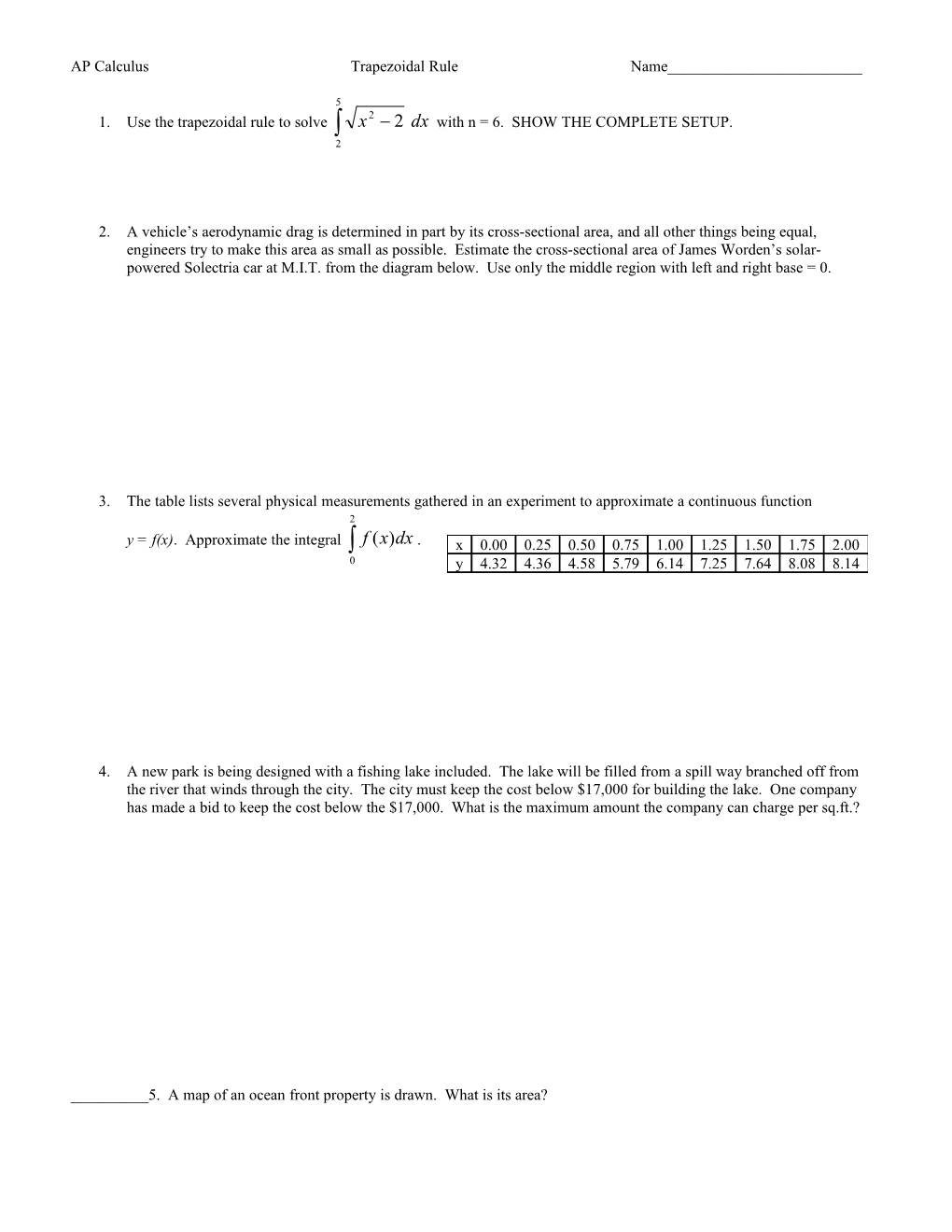 Worksheet Trapezoidal Rule