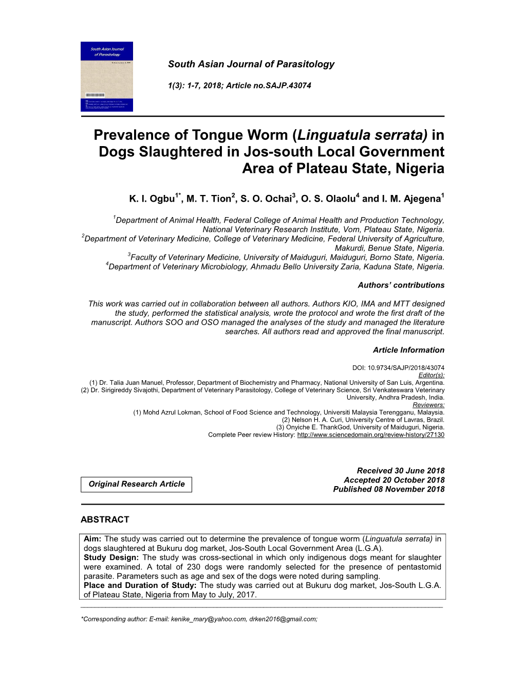 Prevalence of Tongue Worm (Linguatula Serrata) in Dogs Slaughtered in Jos-South Local Government Area of Plateau State, Nigeria