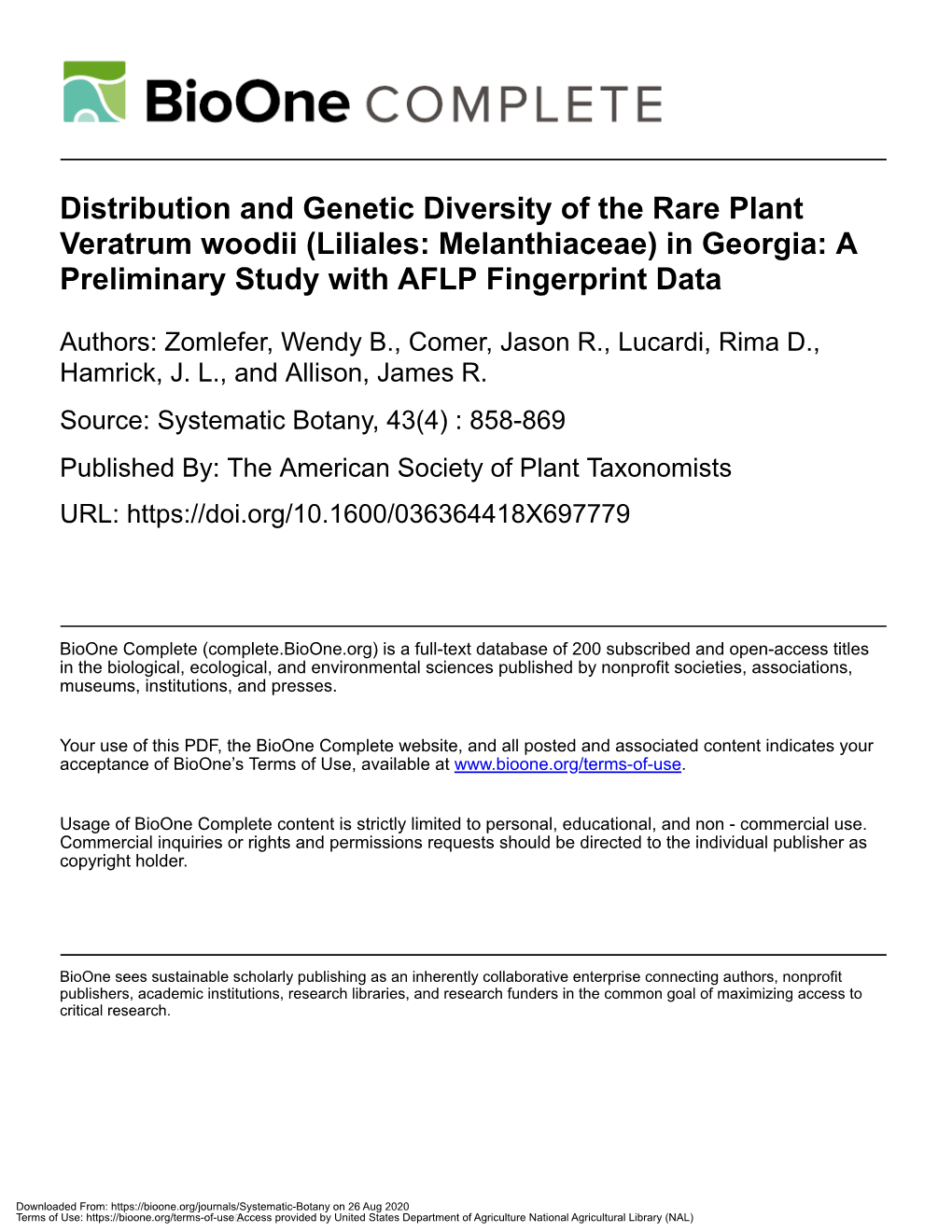 Distribution and Genetic Diversity of the Rare Plant Veratrum Woodii (Liliales: Melanthiaceae) in Georgia: a Preliminary Study with AFLP Fingerprint Data