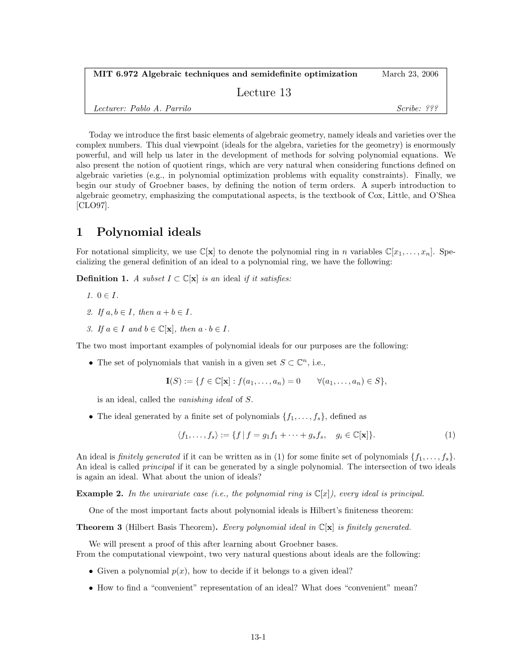 1 Lecture 13 Polynomial Ideals