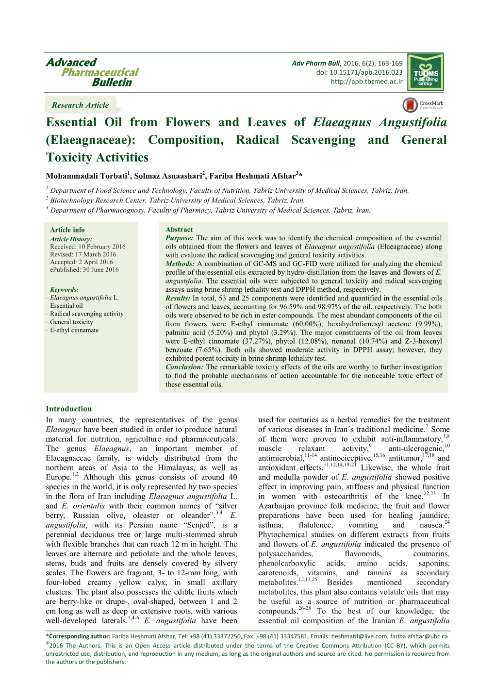 Essential Oil from Flowers and Leaves of Elaeagnus Angustifolia