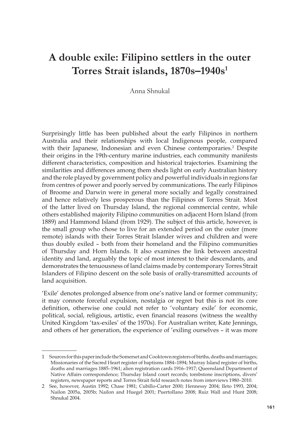 A Double Exile: Filipino Settlers in the Outer Torres Strait Islands, 1870S–1940S1