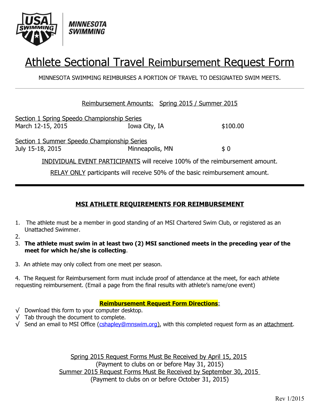 Minnesota Swimming National Travel Reimbursement Request Form