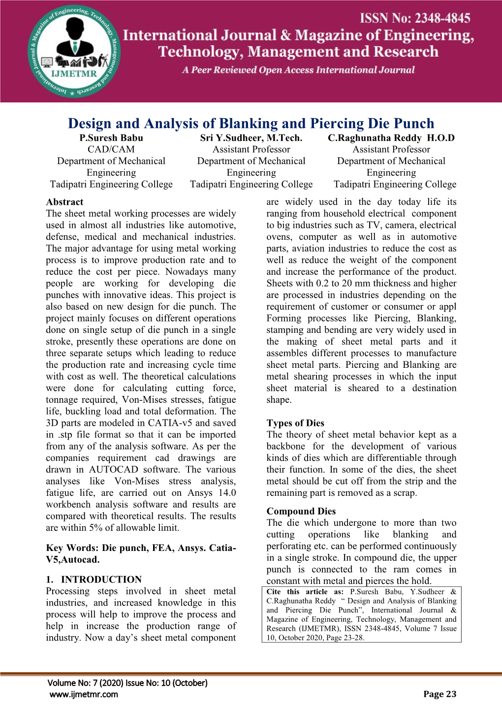 Design and Analysis of Blanking and Piercing Die Punch P.Suresh Babu Sri Y.Sudheer, M.Tech