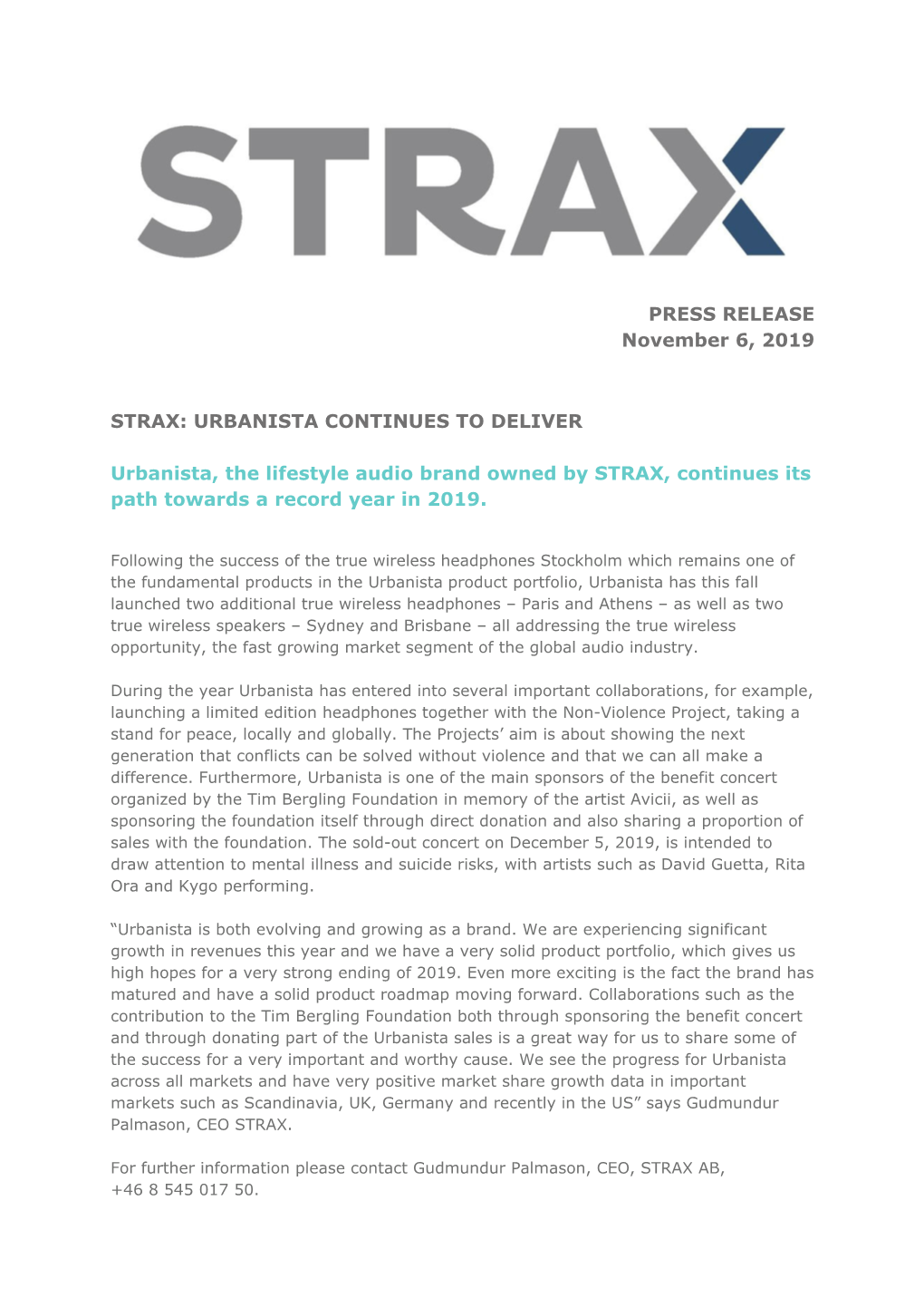 PRESS RELEASE November 6, 2019 STRAX