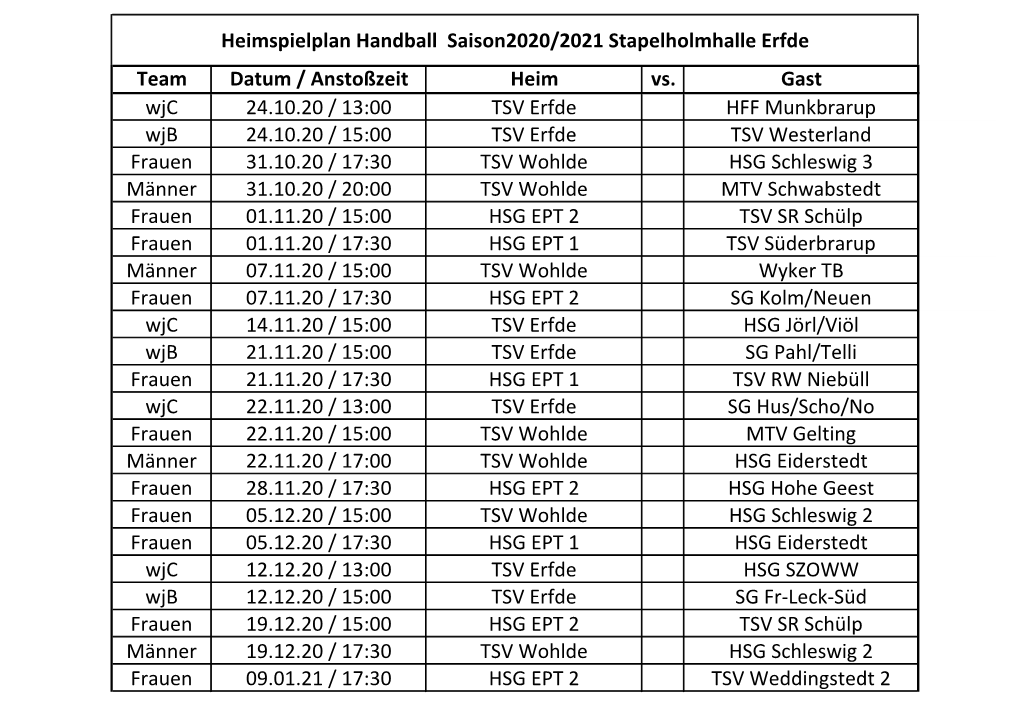 Heimspielplan Handball 2020/2021