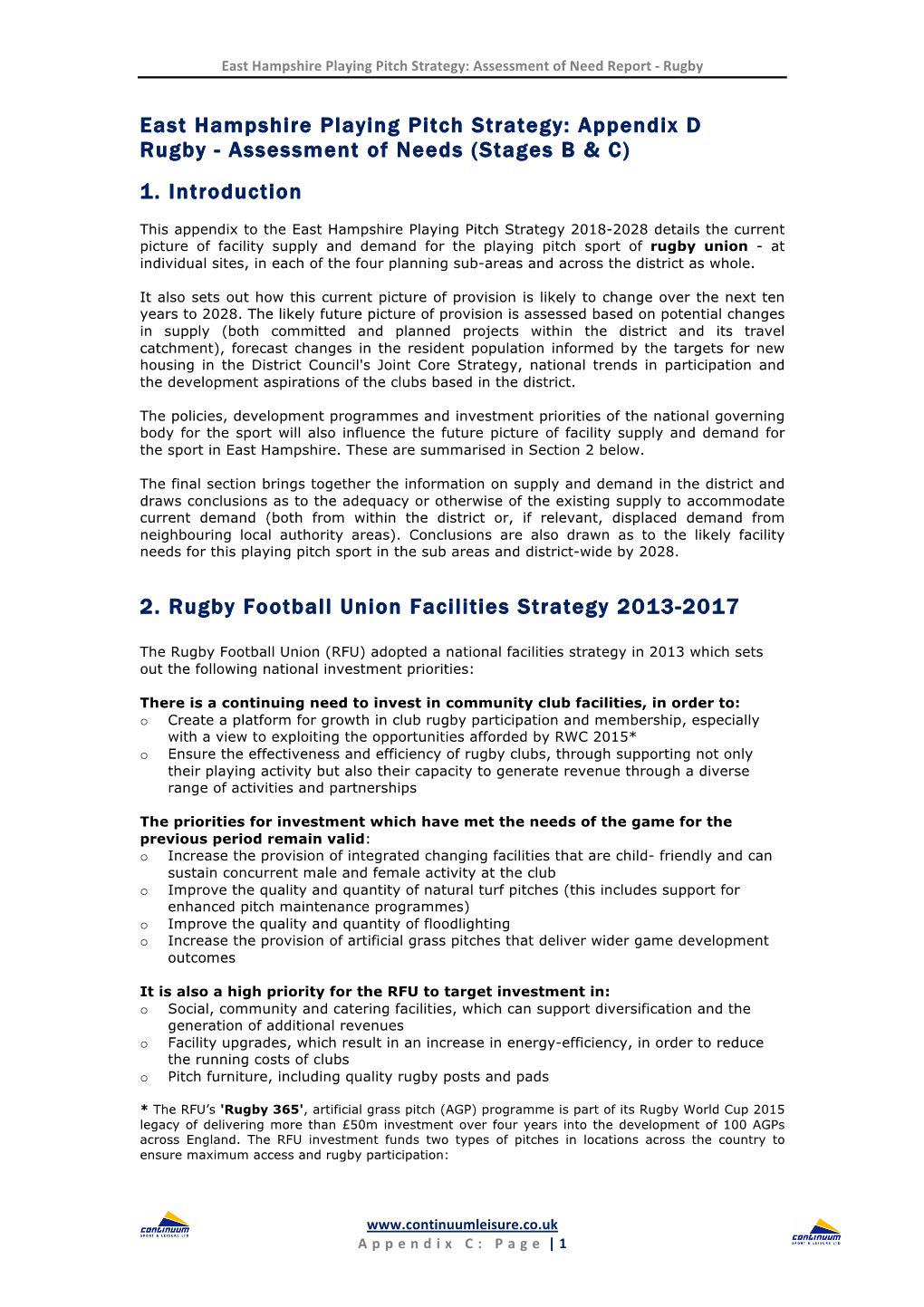 East Hampshire Playing Pitch Strategy: Appendix D Rugby - Assessment of Needs (Stages B & C)