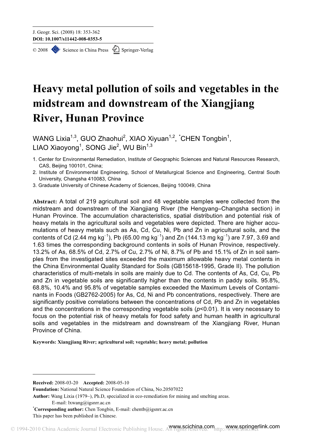 Heavy Metal Pollution of Soils and Vegetables in the Midstream and Downstream of the Xiangjiang River, Hunan Province