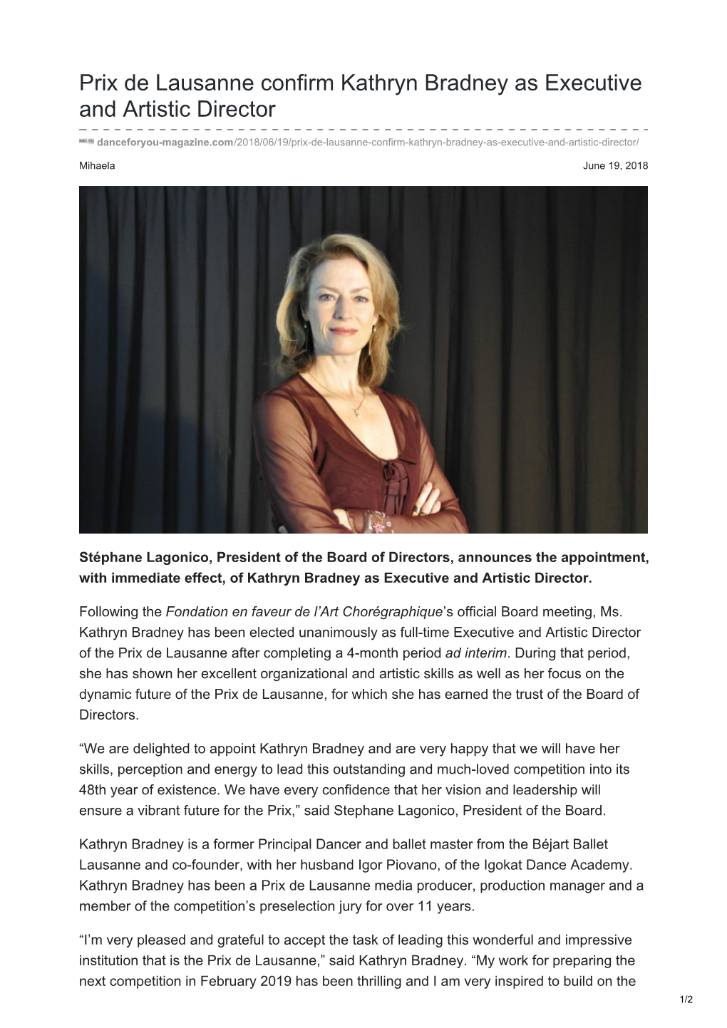 Prix De Lausanne Confirm Kathryn Bradney As Executive and Artistic Director