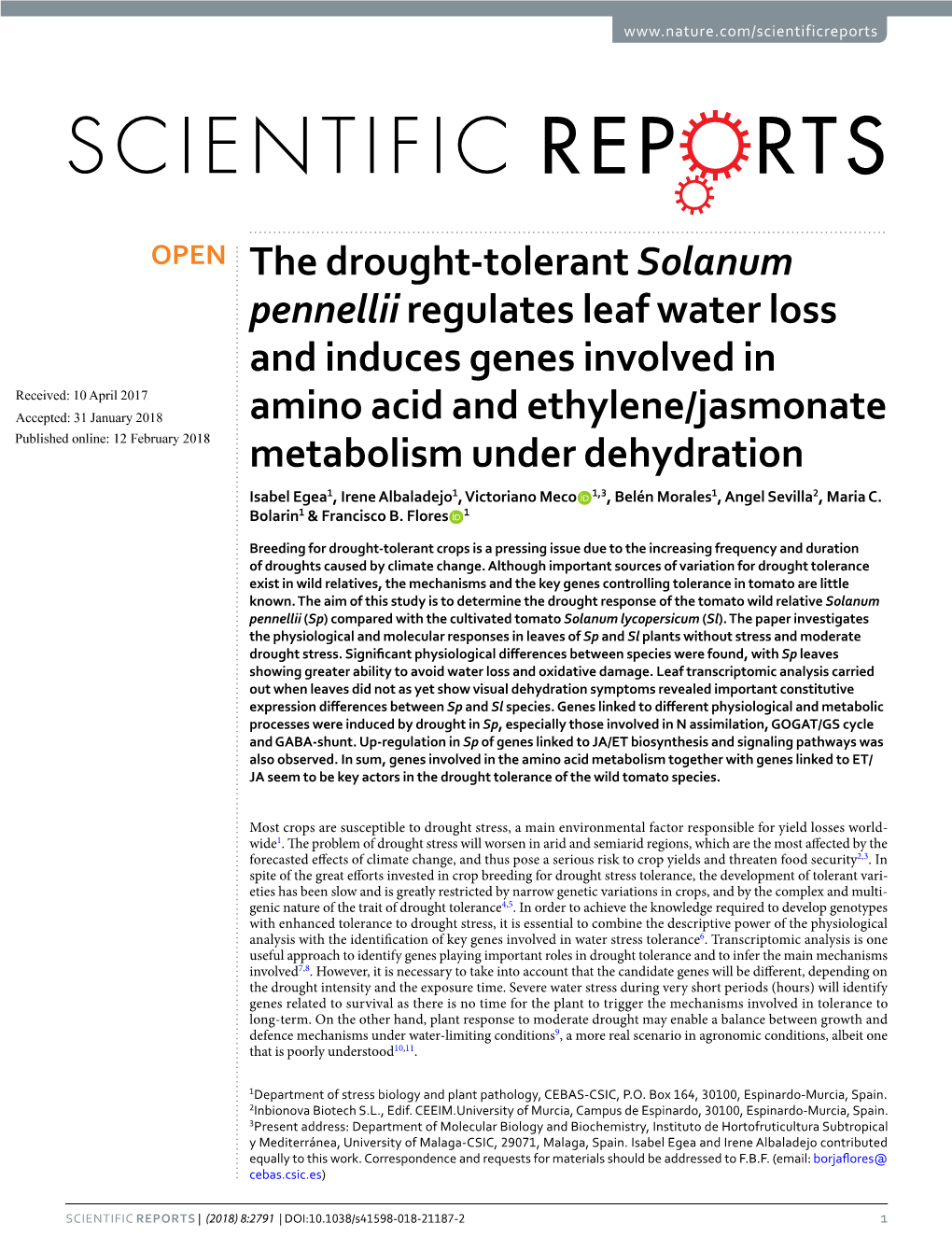 The Drought-Tolerant Solanum Pennellii Regulates Leaf Water Loss