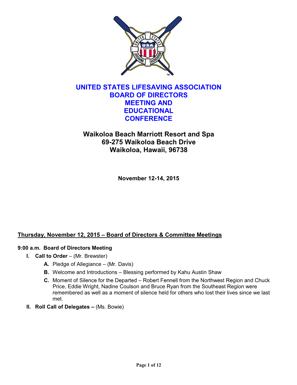 United States Lifesaving Association Board of Directors Meeting and Educational Conference