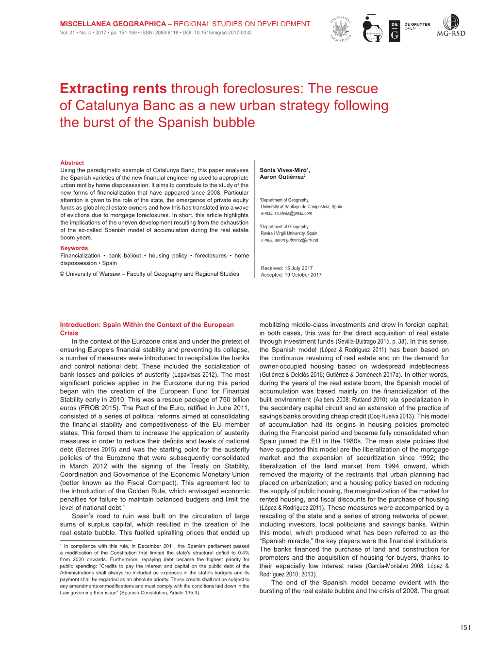 Extracting Rents Through Foreclosures: the Rescue of Catalunya Banc As a New Urban Strategy Following the Burst of the Spanish Bubble