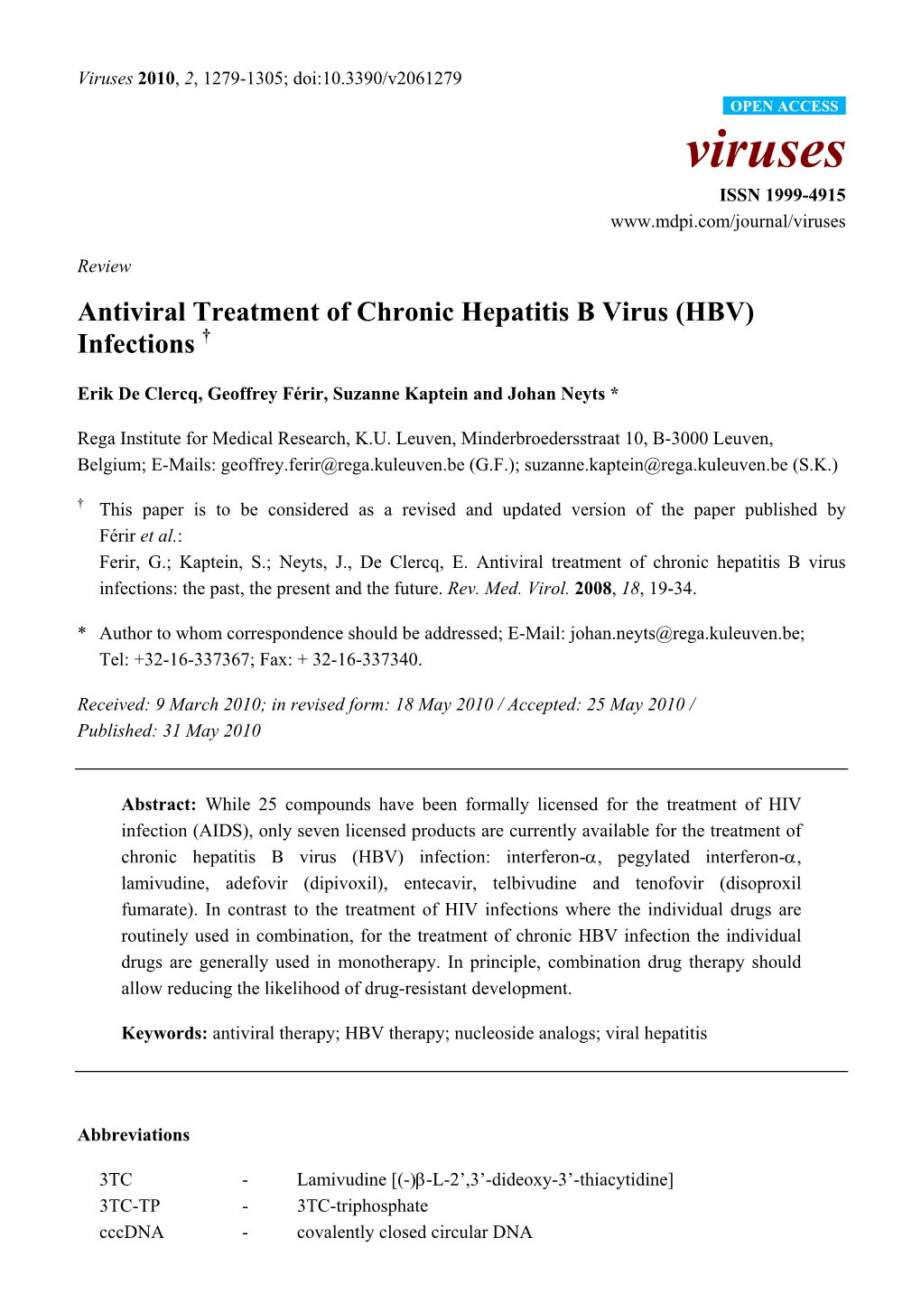 Antiviral Treatment of Chronic Hepatitis B Virus (HBV) Infections †