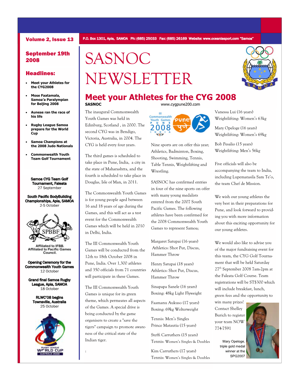 SASNOC Newsletter: Volume 2, Issue 13