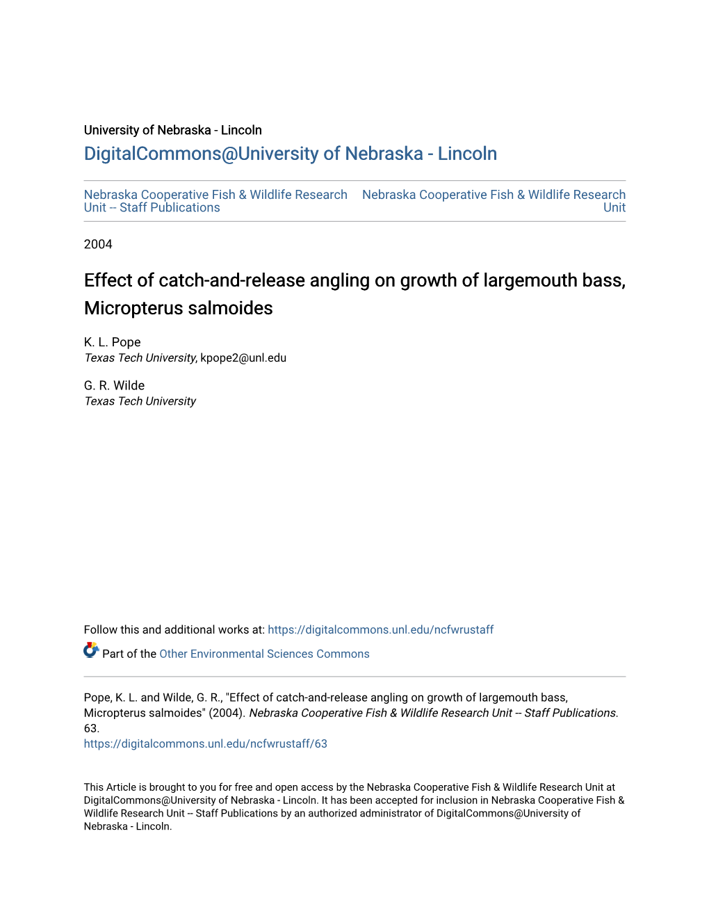 Effect of Catch-And-Release Angling on Growth of Largemouth Bass, Micropterus Salmoides