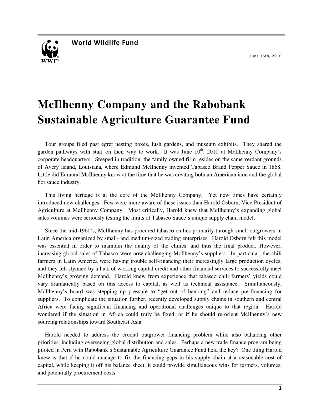 Mcilhenny Company and the Rabobank Sustainable Agriculture