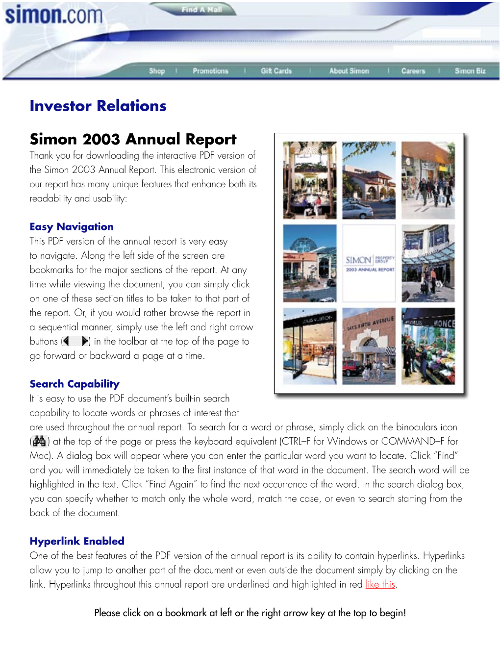 2003 Annual Report Thank You for Downloading the Interactive PDF Version of the Simon 2003 Annual Report