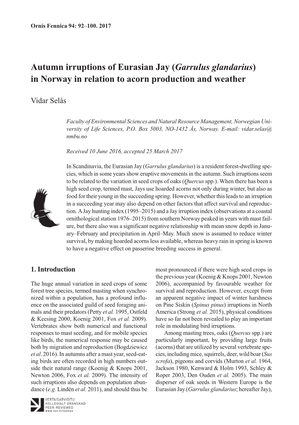 Autumn Irruptions of Eurasian Jay (Garrulus Glandarius) in Norway in Relation to Acorn Production and Weather