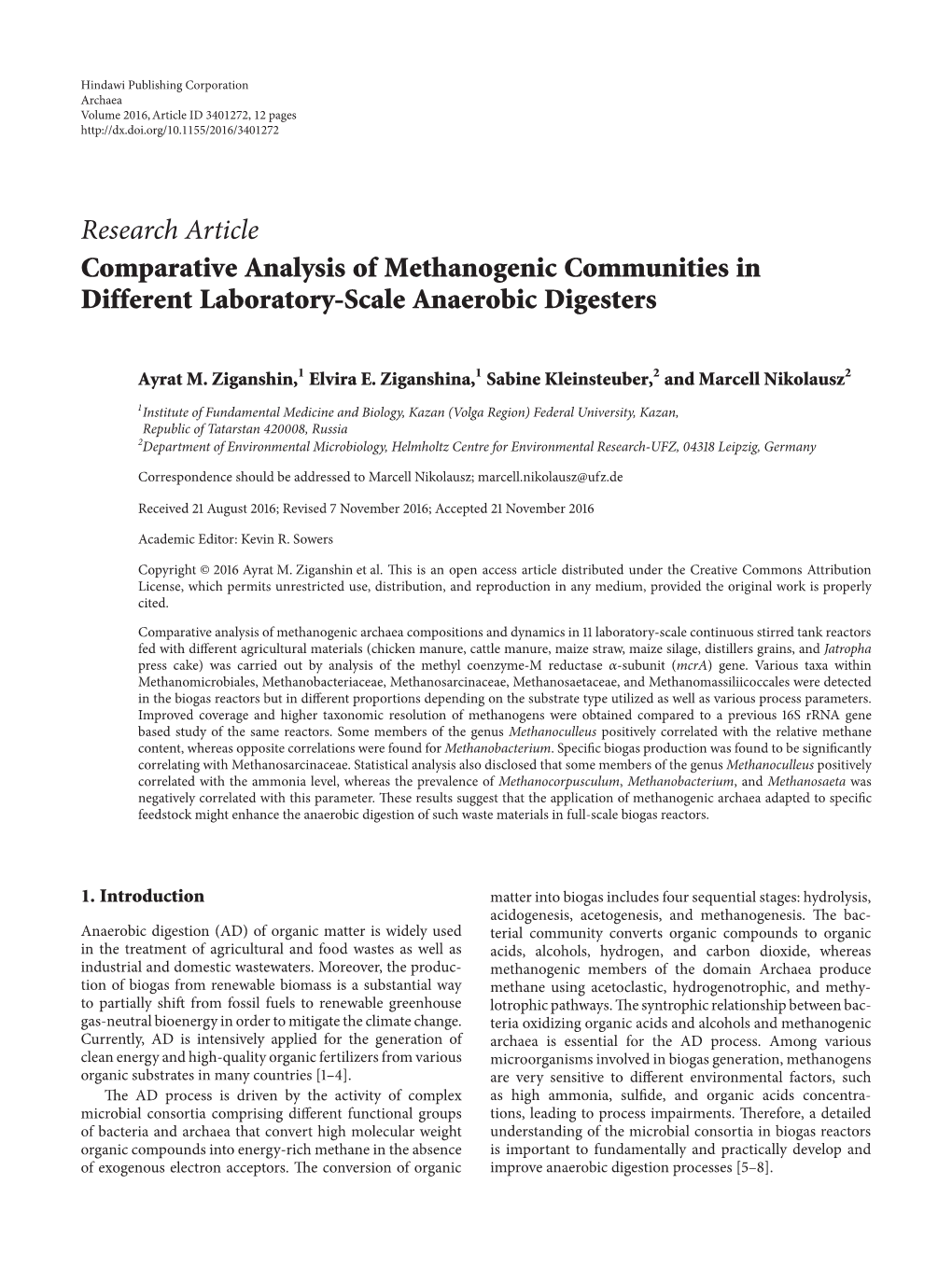 Research Article Comparative Analysis of Methanogenic Communities in Different Laboratory-Scale Anaerobic Digesters