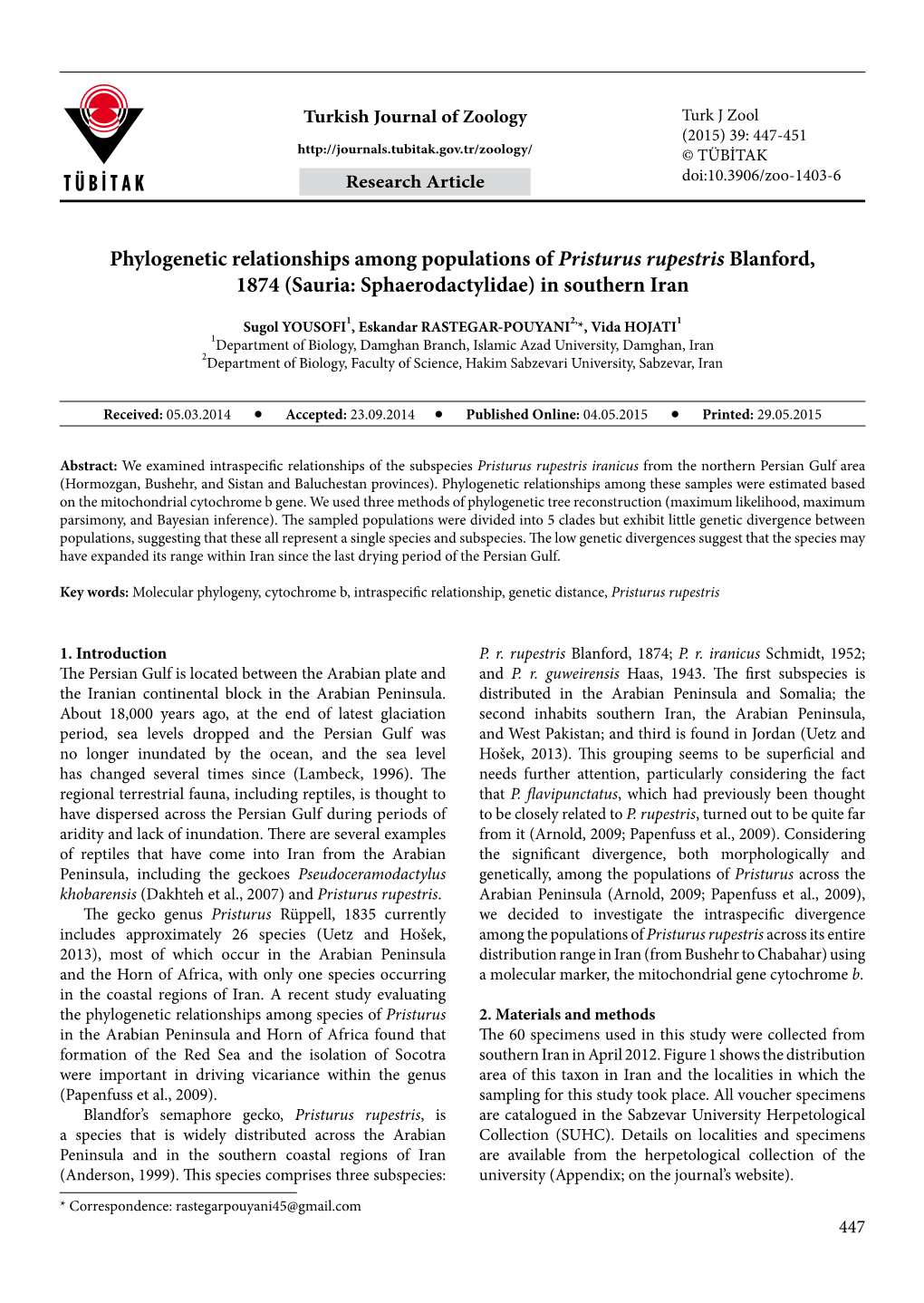 Phylogenetic Relationships Among Populations of Pristurus Rupestris Blanford, 1874 (Sauria: Sphaerodactylidae) in Southern Iran