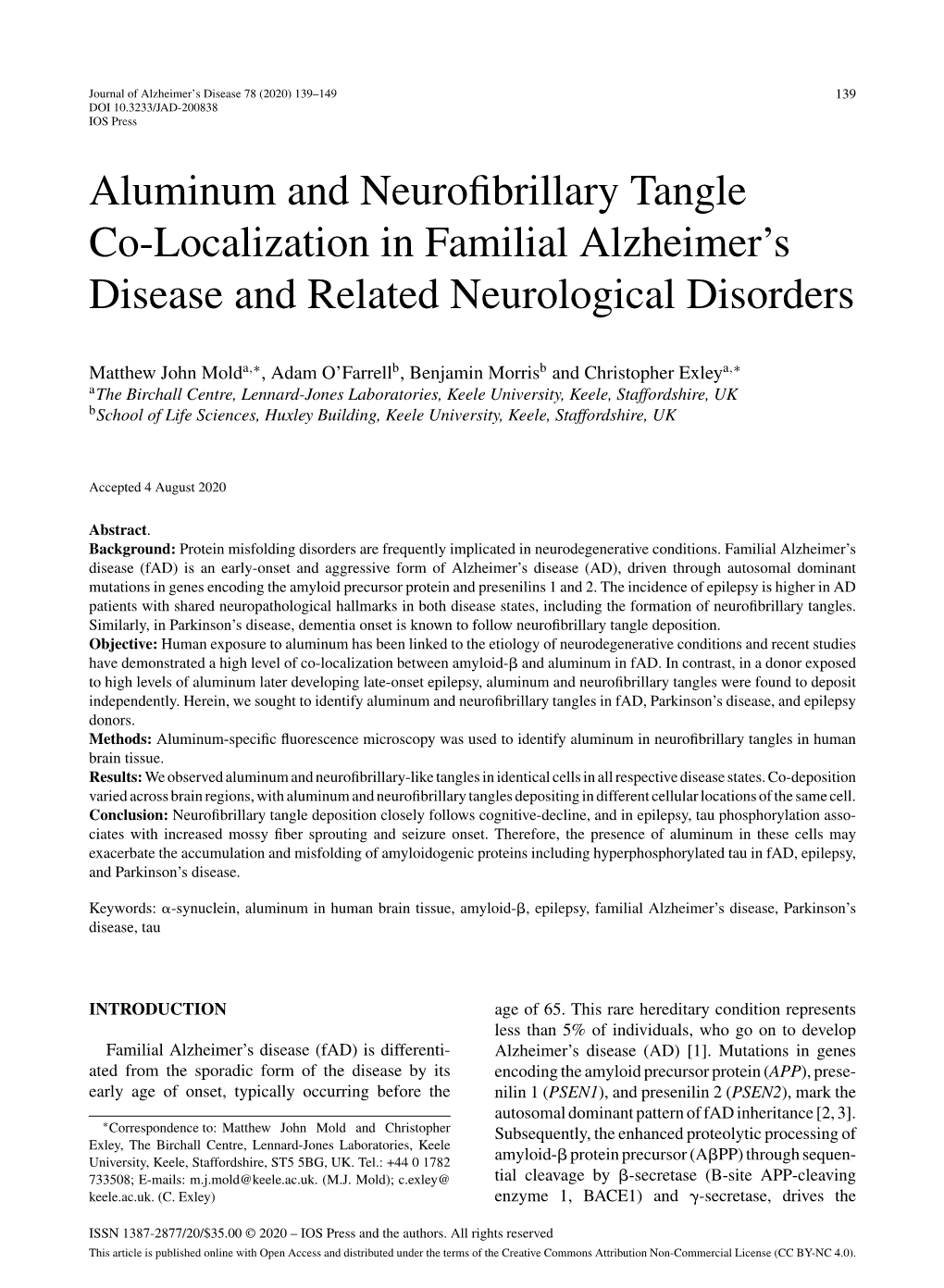 Aluminum and Neurofibrillary Tangle Co-Localization in Familial