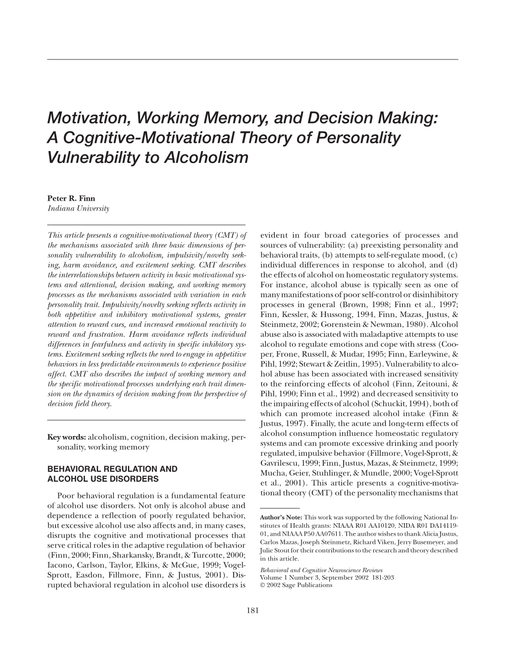 Motivation, Working Memory, and Decision Making: a Cognitive-Motivational Theory of Personality Vulnerability to Alcoholism