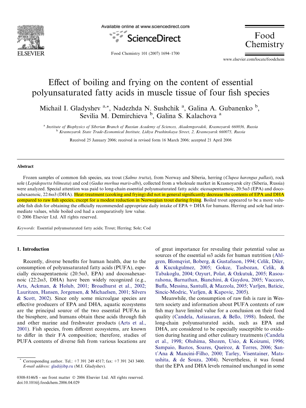 Effect of Boiling and Frying on the Content of Essential Polyunsaturated Fatty Acids in Muscle Tissue of Four Fish Species Food