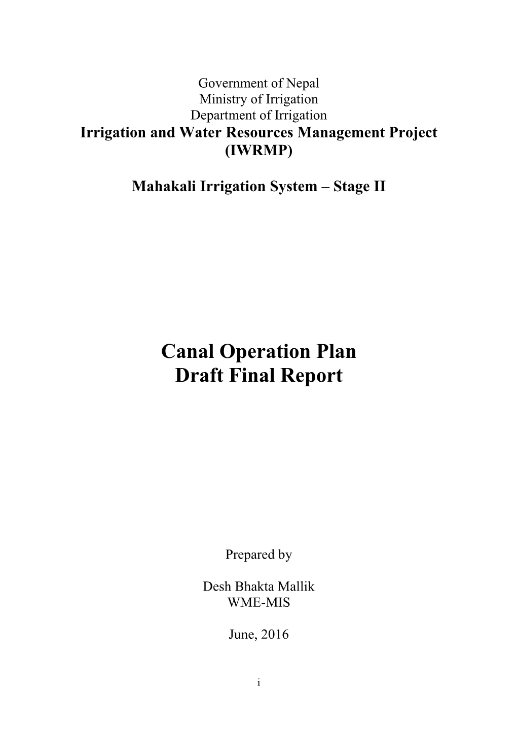 Canal Operation Plan Draft Final Report