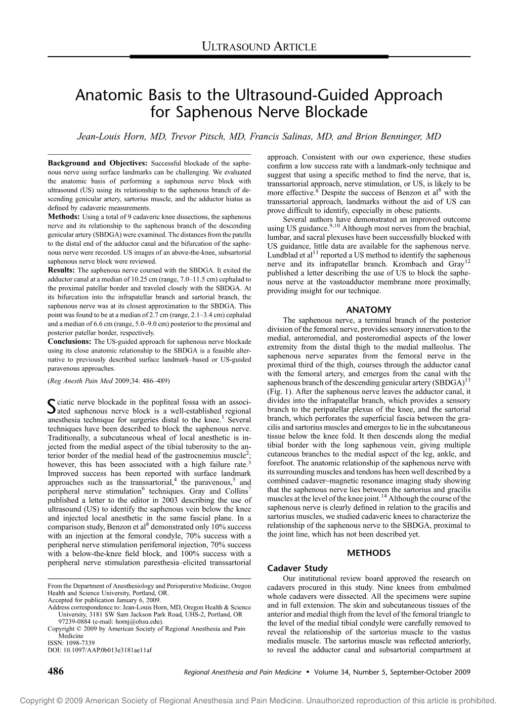 Anatomic Basis to the Ultrasound-Guided Approach for Saphenous Nerve Blockade