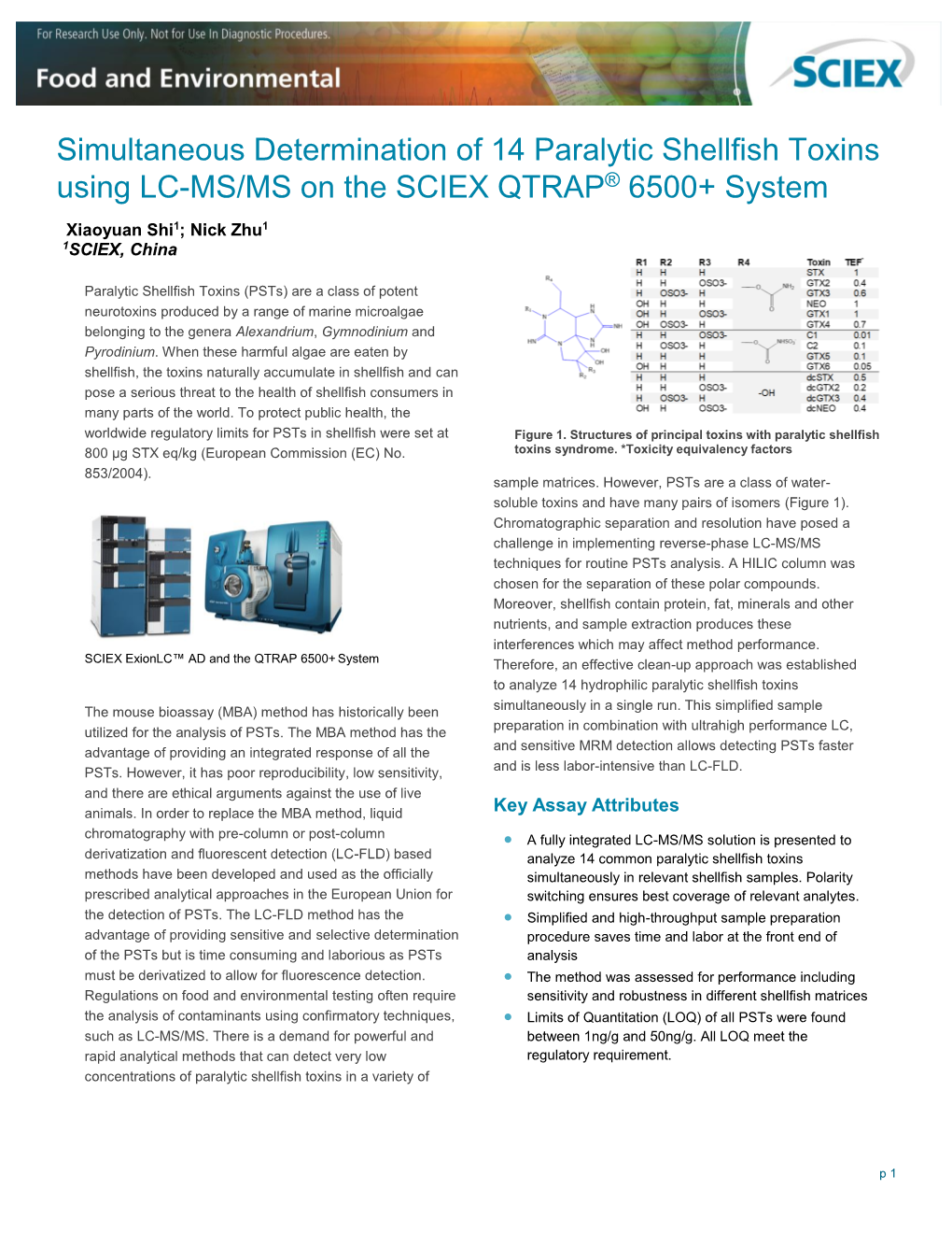 Simultaneous Determination of 14 Paralytic Shellfish Toxins Using LC-MS/MS on the SCIEX QTRAP® 6500+ System