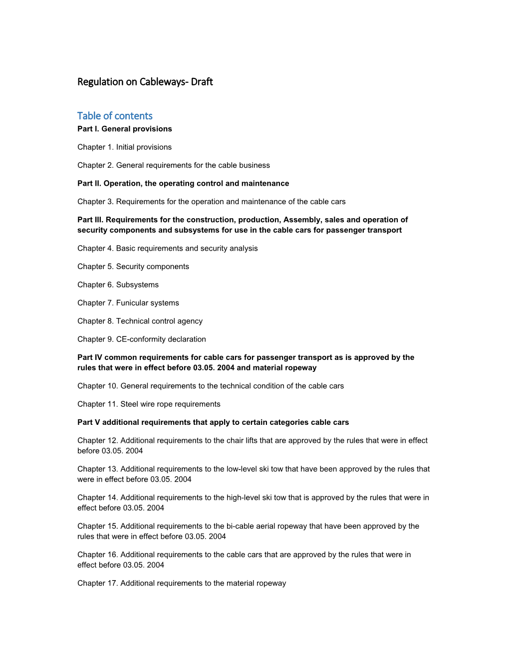 Regulation on Cableways‐ Draft