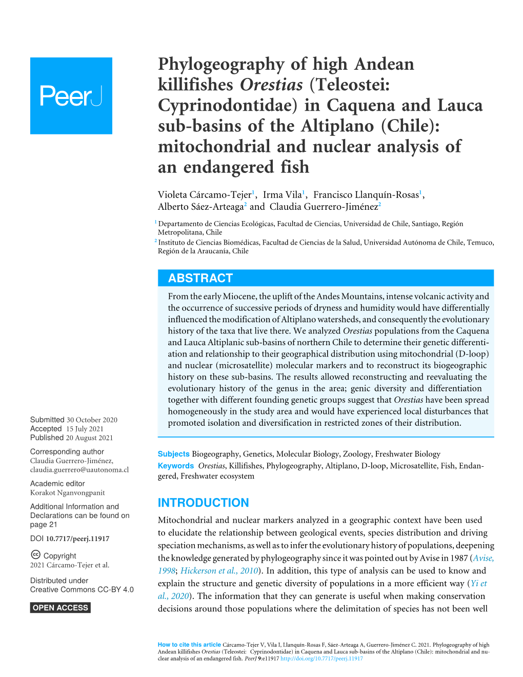 In Caquena and Lauca Sub-Basins of the Altiplano (Chile): Mitochondrial and Nuclear Analysis of an Endangered Fish