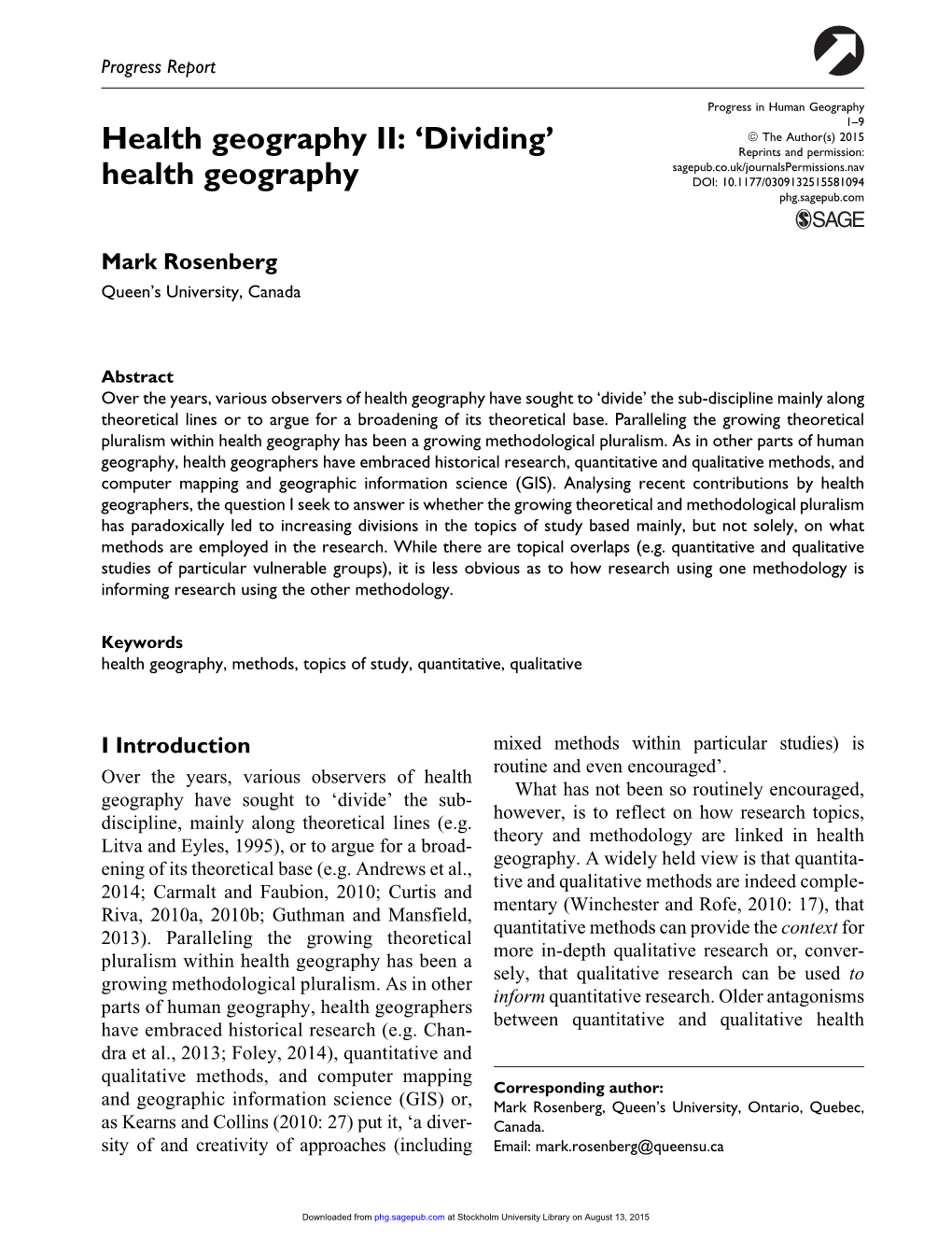 Health Geography II: ‘Dividing’ Reprints and Permission: Sagepub.Co.Uk/Journalspermissions.Nav Health Geography DOI: 10.1177/0309132515581094 Phg.Sagepub.Com