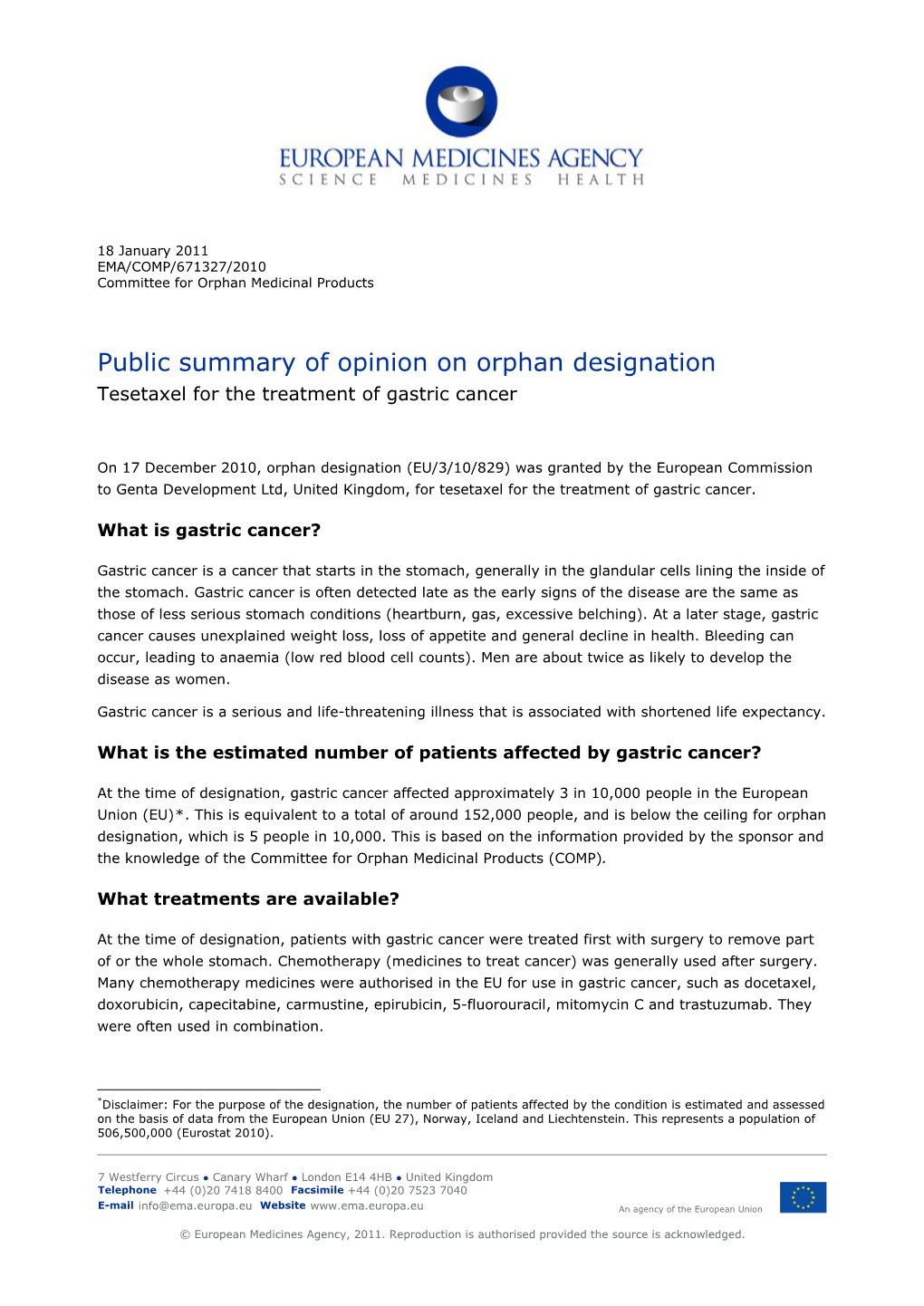 Public Summary of Opinion on Orphan Designation: Tesetaxel For