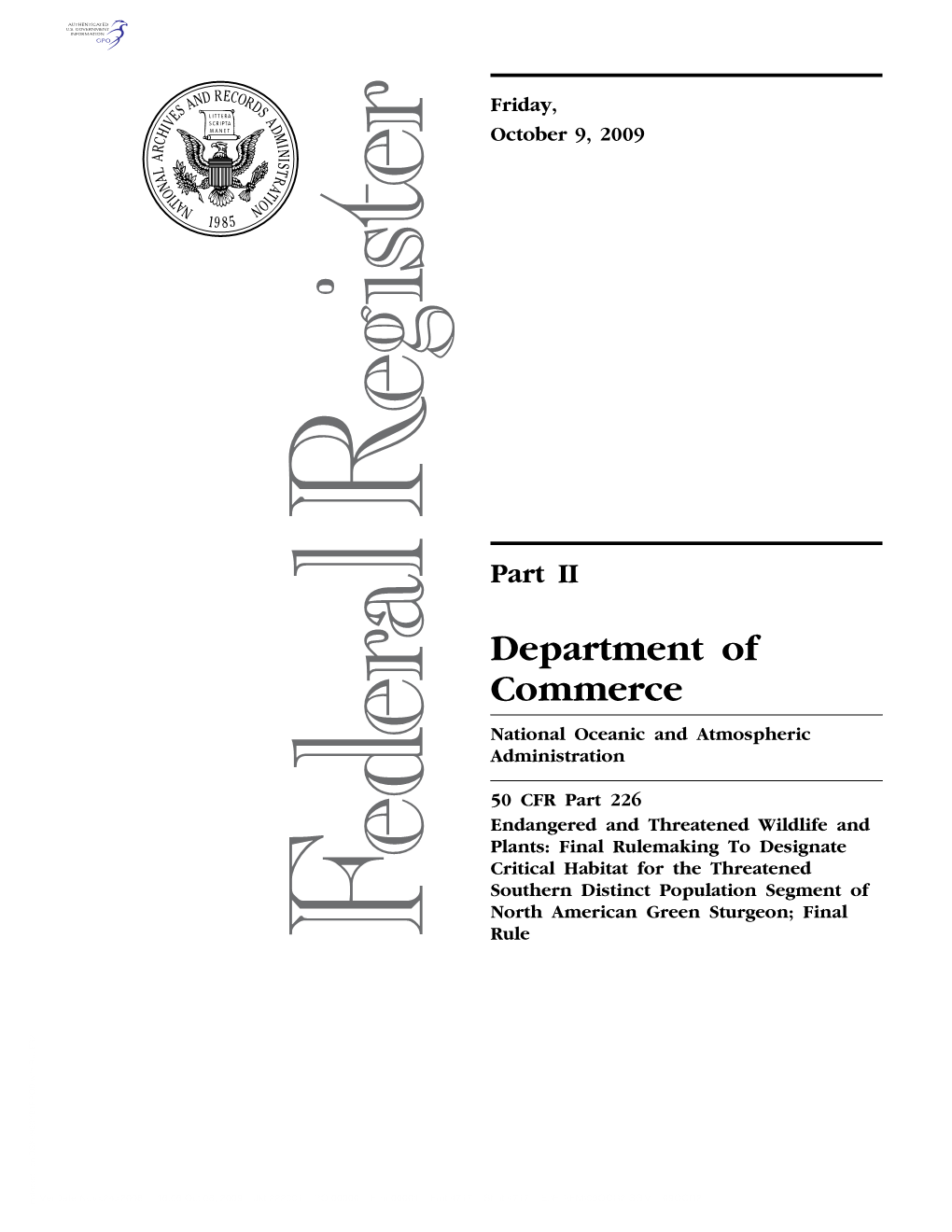 Department of Commerce National Oceanic and Atmospheric Administration