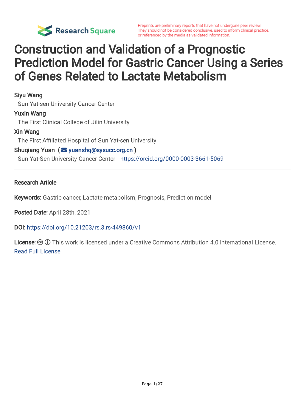 Construction and Validation of a Prognostic Prediction Model for Gastric Cancer Using a Series of Genes Related to Lactate Metabolism