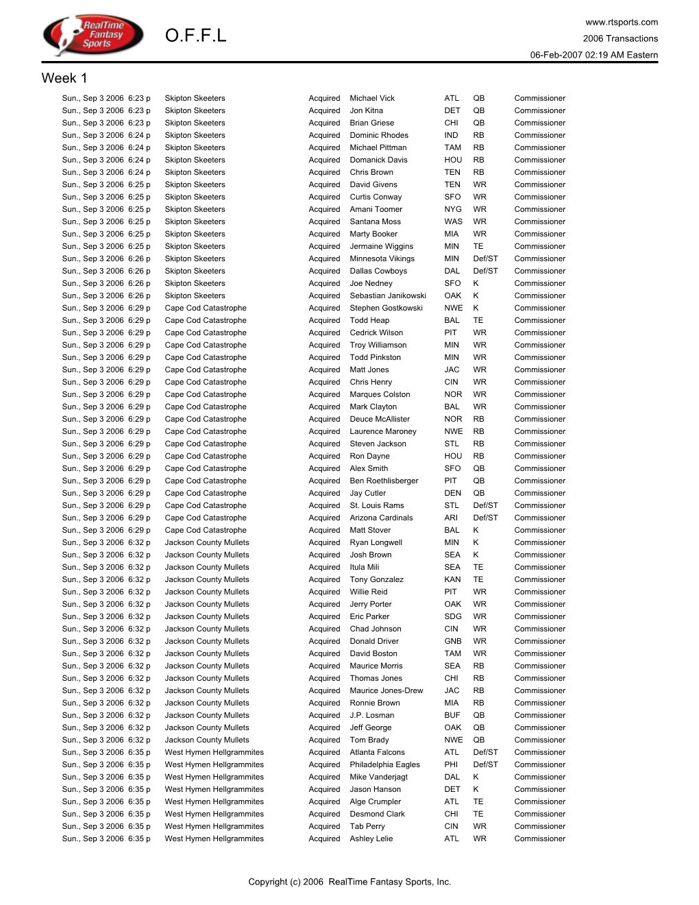 O.F.F.L 2006 Transactions 06-Feb-2007 02:19 AM Eastern Week 1