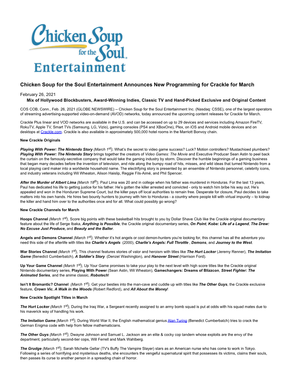 Chicken Soup for the Soul Entertainment Announces New Programming for Crackle for March