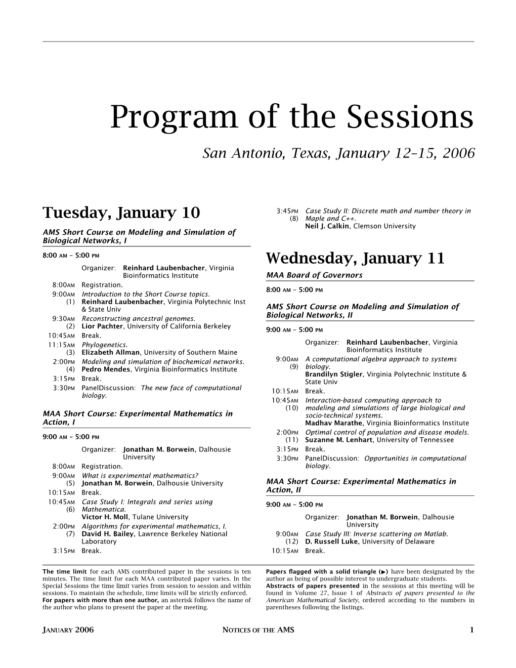 Program of the Sessions